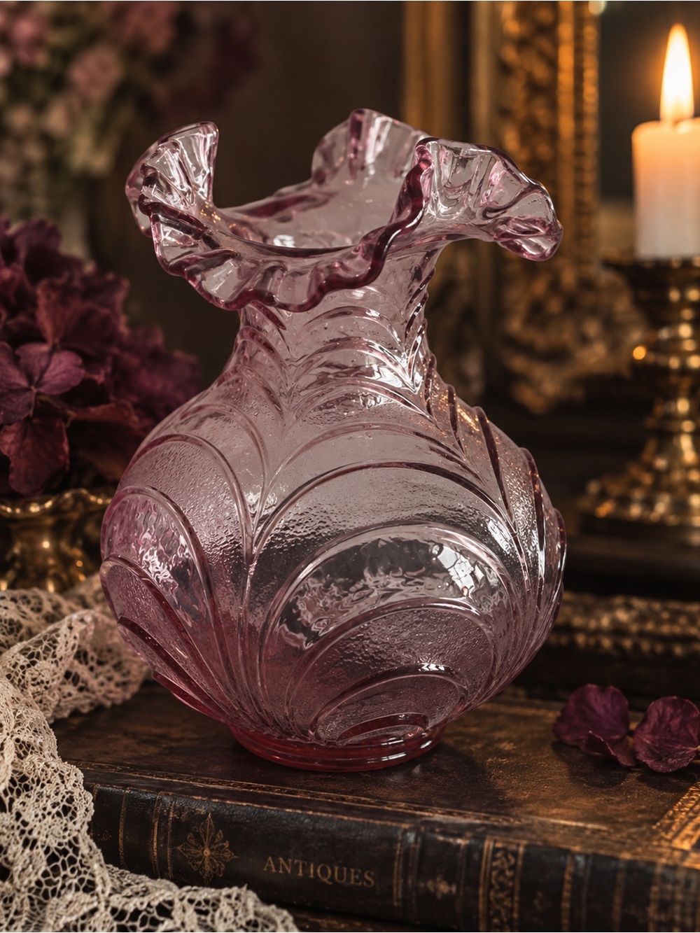 Vintage Fenton Mulberry Caprice Bow Vase | Amethyst Purple Art Glass